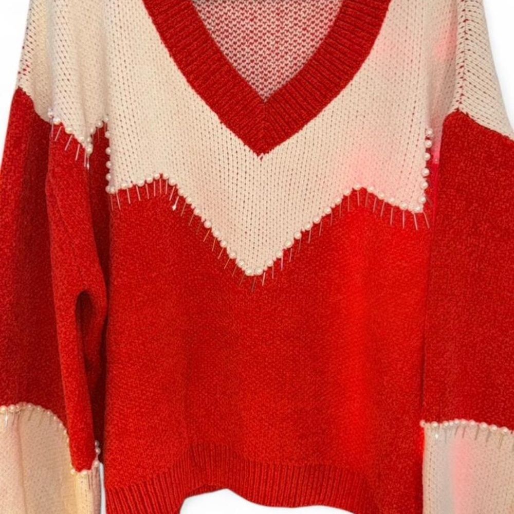POL Women Red Cream Oversized Chenille Sweater Embellished Pearl Silver Accents - Picture 7 of 9